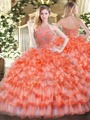 Orange Ball Gowns Beading and Ruffled Layers Sweet 16 Dresses Zipper Organza Sleeveless Floor Length