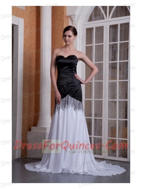 Prom Dress White and Black Column Sweetheart Brush Train Chiffon Sequins