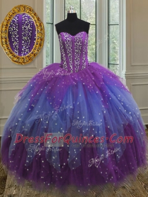 Dramatic Multi-color Sleeveless Floor Length Beading and Ruffles and Sequins Lace Up Quinceanera Dress