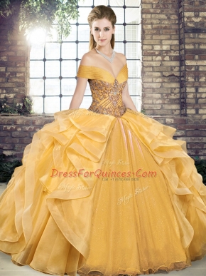 Romantic Gold Off The Shoulder Lace Up Beading and Ruffles Quinceanera Gown Sleeveless