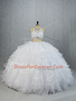 Cheap White Sleeveless Organza Brush Train Lace Up Quinceanera Dress for Sweet 16 and Quinceanera