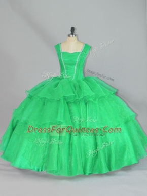 Exquisite Organza Straps Sleeveless Lace Up Beading and Ruffled Layers and Ruching Sweet 16 Dress in Turquoise