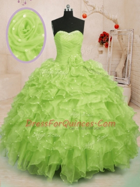 Stylish Yellow Green Organza Lace Up Quinceanera Dress Sleeveless Floor Length Beading and Ruffles and Hand Made Flower