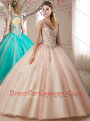 Puffy Skirts Beaded Decorated Cap Sleeves Champagne Quinceanera Dress with Beading
