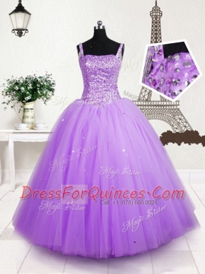 Lilac Lace Up Straps Beading and Sequins Little Girl Pageant Gowns Tulle Sleeveless