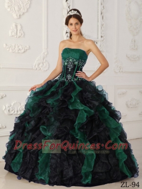 Green and Black Strapless Appliques Taffeta and Organza Beading Ball Gown Dress with Ruffles