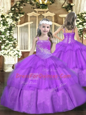 Floor Length Lace Up Pageant Gowns Purple for Party and Sweet 16 and Quinceanera and Wedding Party with Beading and Ruffled Layers