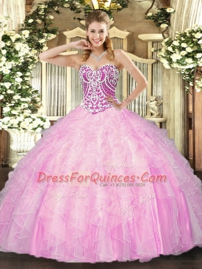 Shining Floor Length Rose Pink Vestidos de Quinceanera Sweetheart Sleeveless Lace Up
