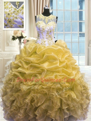 Traditional Gold Zipper Scoop Beading and Ruffles 15 Quinceanera Dress Organza Sleeveless