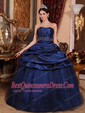 Navy Blue Ball Gown Strapless Floor-length Tulle and Taffeta Beading Quinceanera Dress