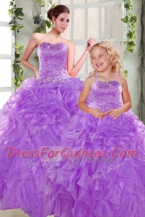 Purple Strapless Lace Up Beading and Ruffles Quinceanera Dresses Sleeveless