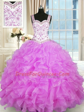 Romantic Lilac Straps Neckline Beading and Ruffles 15 Quinceanera Dress Sleeveless Lace Up