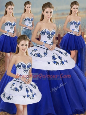 Royal Blue Sleeveless Floor Length Embroidery and Bowknot Lace Up 15 Quinceanera Dress