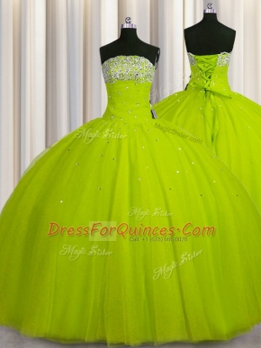 Simple Big Puffy Yellow Green Strapless Lace Up Beading and Sequins Sweet 16 Dresses Sleeveless