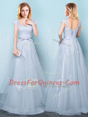 Light Blue Lace Up Scoop Appliques and Belt Dama Dress Tulle Cap Sleeves