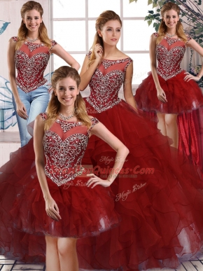 Burgundy Sleeveless Beading and Ruffles Floor Length Quinceanera Gowns