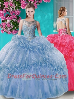 Puffy Skirt See Through Beaded Bodice Quinceanera Dress with Scoop
