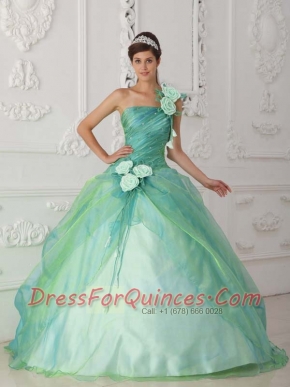 Apple Green Ball Gown One Shoulder  Quinceanera Dress with Organza Beading and Hand Flower