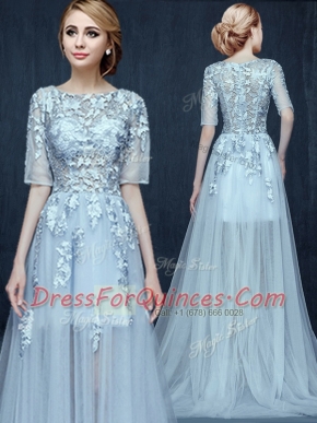 Light Blue Empire Scoop Half Sleeves Tulle With Brush Train Zipper Appliques Prom Dresses