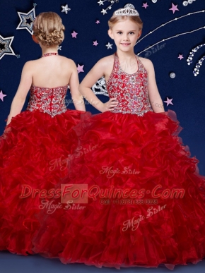 Fantastic Wine Red Pageant Gowns For Girls Quinceanera and Wedding Party and For with Beading and Ruffles Halter Top Sleeveless Zipper