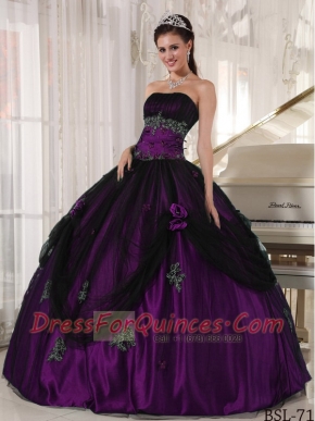 Purple and Black Strapless Tulle and Taffeta Beading and Appliques Ball Gown Dress wiht Hand Made Flower