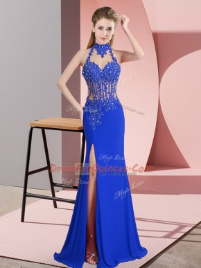 Blue Sleeveless Floor Length Lace and Appliques Backless Womens Party Dresses
