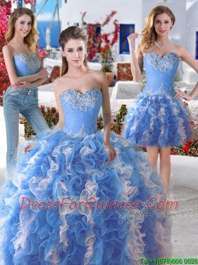 Pretty Blue and White Organza Detachable Sweet 16 Dresses with Appliques and Ruffles