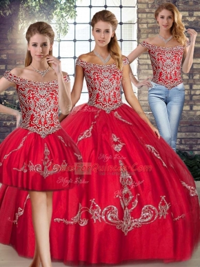 Red Sleeveless Tulle Lace Up Sweet 16 Dresses for Military Ball and Sweet 16 and Quinceanera