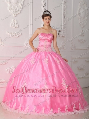Pink Ball Gown Strapless Floor-length Lace Appliques Quinceanera Dress