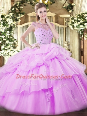 Lilac Bateau Neckline Beading and Ruffles and Pick Ups 15 Quinceanera Dress Sleeveless Zipper
