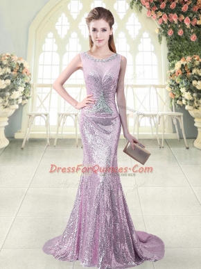 Lilac Mermaid Sequined Scoop Sleeveless Beading and Sequins Zipper Prom Evening Gown Brush Train