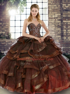 Cheap Ball Gowns Ball Gown Prom Dress Brown Sweetheart Tulle Sleeveless Floor Length Lace Up
