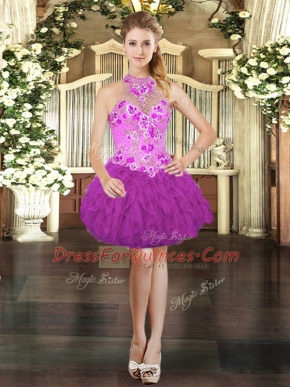 Customized Fuchsia Sleeveless Mini Length Embroidery and Ruffles Lace Up