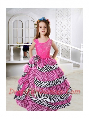 2014 Beautiful Hot Pink Asymmetrical Beading Zebra Little Girl Pageant Dresses with Ruffled Layers