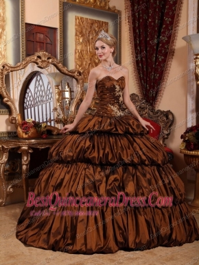 Brown Ball Gown Sweetheart Chapel Train Taffeta Appliques and Pick-ups Quinceanera Dress