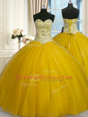 Hot Selling Sequins Gold Sleeveless Tulle Lace Up Quince Ball Gowns for Military Ball and Sweet 16 and Quinceanera