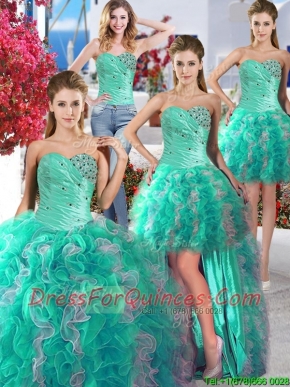Cheap Turquoise and White Detachable Quinceanera Dresses with Beading and Ruffles