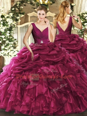 Eye-catching Burgundy Sleeveless Organza Backless Vestidos de Quinceanera for Sweet 16 and Quinceanera