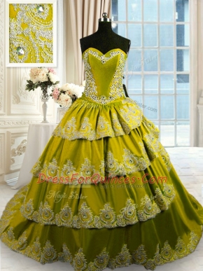 Olive Green Sleeveless With Train Beading and Appliques and Ruffled Layers Lace Up Quinceanera Gowns