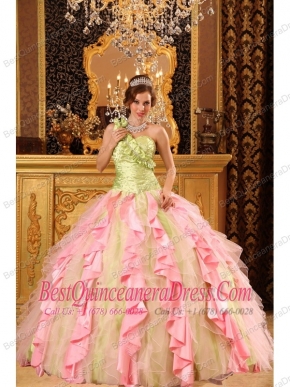 Elegant Ball Gown One Shoulder Floor-length Taffeta And Organza Beading And Ruffles Quinceanera Dress