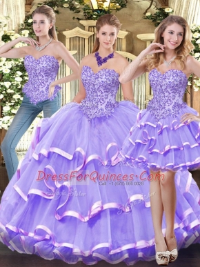 Sexy Lavender Ball Gown Prom Dress Military Ball and Sweet 16 and Quinceanera with Appliques and Ruffled Layers Sweetheart Sleeveless Zipper