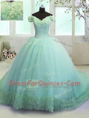 Turquoise Organza Lace Up Off The Shoulder Sleeveless With Train 15 Quinceanera Dress Court Train Hand Made Flower