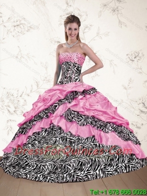 Custom Made Zebra Printed 2015 Pink Quinceanera Dresses with Ruffles and Pick Ups