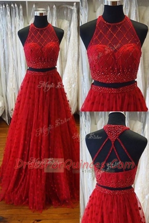 Affordable Scoop Sleeveless Beading and Appliques Backless Prom Dress with Red Sweep Train