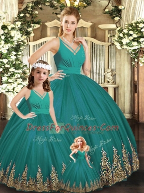Turquoise Quinceanera Dresses Sweet 16 and Quinceanera with Embroidery V-neck Sleeveless Backless