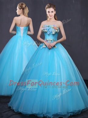 Fitting Baby Blue Sleeveless Floor Length Appliques Lace Up Quinceanera Dresses