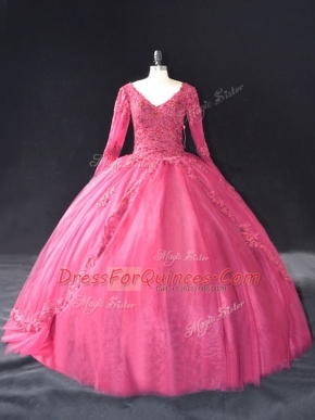 Flirting Hot Pink Lace Up V-neck Lace and Appliques Quinceanera Gown Tulle Long Sleeves