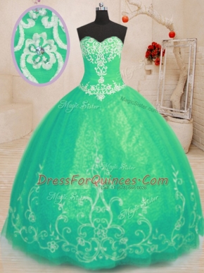 Turquoise Ball Gowns Beading and Embroidery Sweet 16 Dress Lace Up Tulle Sleeveless Floor Length