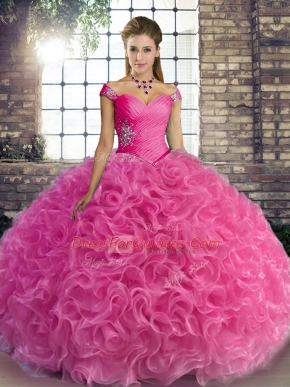 Beauteous Floor Length Rose Pink Quinceanera Dress Off The Shoulder Sleeveless Lace Up