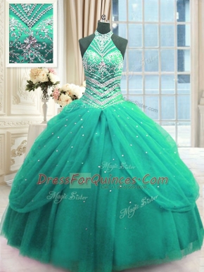 Unique Tulle Sleeveless Floor Length Ball Gown Prom Dress and Beading
